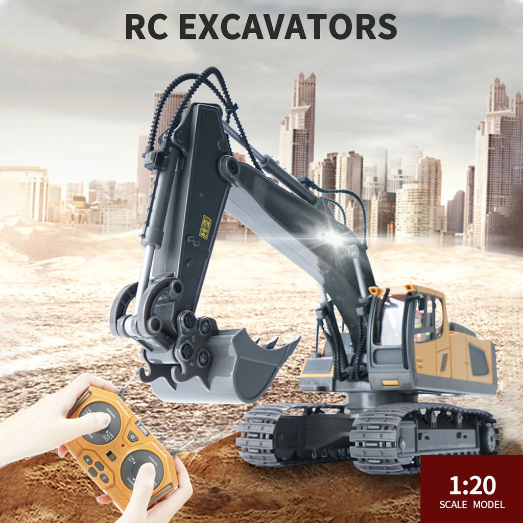 RC Excavator 1/20 2.4Ghz 11CH RC Construction Truck Engineering Vehicles Educational Toys for Kids with Light Music