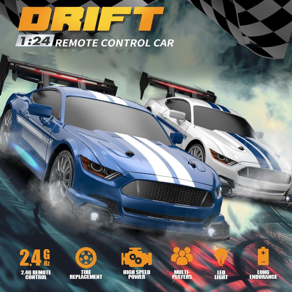 1:24 Scale RC Drift Car, 30KM/H 4WD 2.4Ghz Remote Control Cars with LED Light, Racing and 4 Drifting Wheels, High Speed RC Racing Cars Perfect Toy Gift for Teen Adults