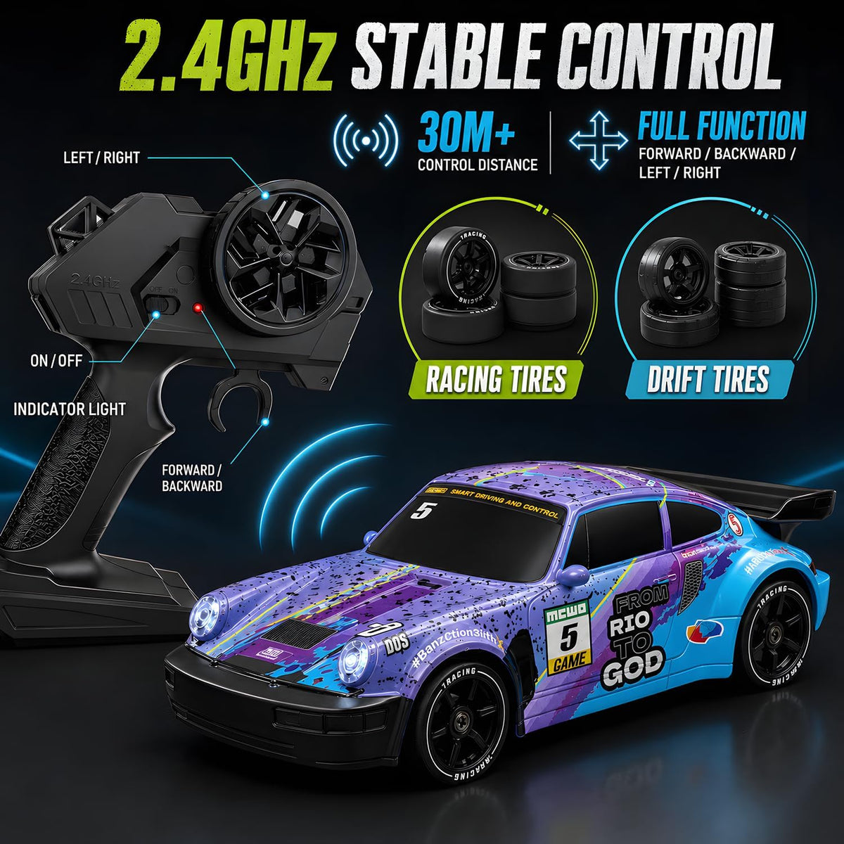 1:24 RC Drift 2.4Ghz with LED Light Race Car Toys for Boys and Girls Aged 6+ Speed Adjustable up to 23Km/H, High-Speed RC Racing Cars Toy Gift for Boys & Girls(Blue/Purple)