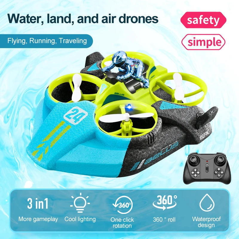 Mini RC Drone Altitude Hold Headless Mode 3 in 1 Sea Land Air Flight 2.4G Remote Control Quadcopter Boat RC Helicopter Toys