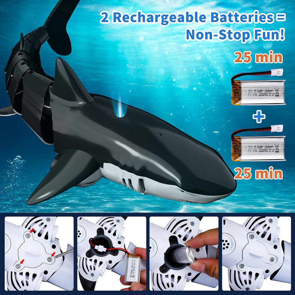 2.4Ghz Remote Control Shark Toy for Pool, 1:18 Scale High Simulation RC Shark with Light & Spray Water, Electric Remote Controlled Swimming Water Pool Toys for 6 7 8 9 Year Olds Kid Boys Girls