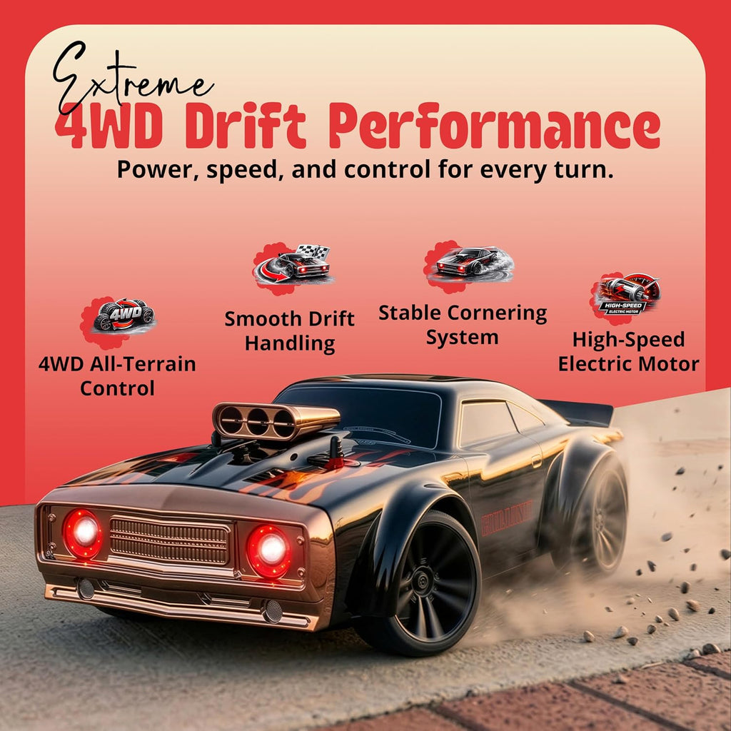 1:14 RC Drift Car for Adults & Kids 8-14, 4WD High Speed Remote Control Car with LED Lights, Drift Tires, 2.4Ghz Electric Racing Car, Rechargeable Hobby Car for Indoor & Outdoor Driving