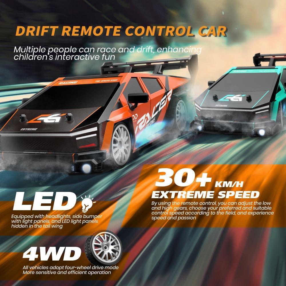 1:24 Scale RC Drift Car, 30KM/H 4WD 2.4Ghz Remote Control Cars with LED Light, Racing and 4 Drifting Wheels, High Speed RC Racing Cars Perfect Toy Gift for Teen Adults