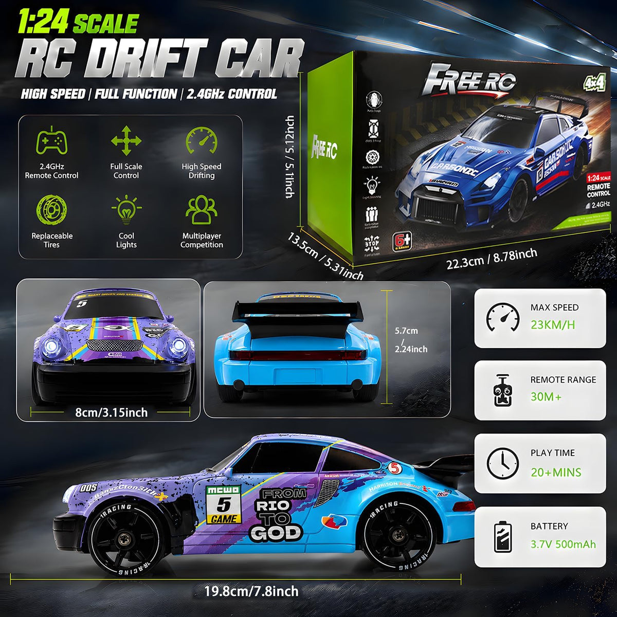 1:24 RC Drift 2.4Ghz with LED Light Race Car Toys for Boys and Girls Aged 6+ Speed Adjustable up to 23Km/H, High-Speed RC Racing Cars Toy Gift for Boys & Girls(Blue/Purple)