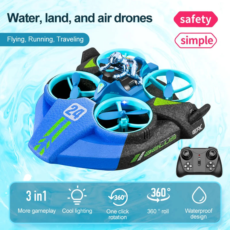 Mini RC Drone Altitude Hold Headless Mode 3 in 1 Sea Land Air Flight 2.4G Remote Control Quadcopter Boat RC Helicopter Toys