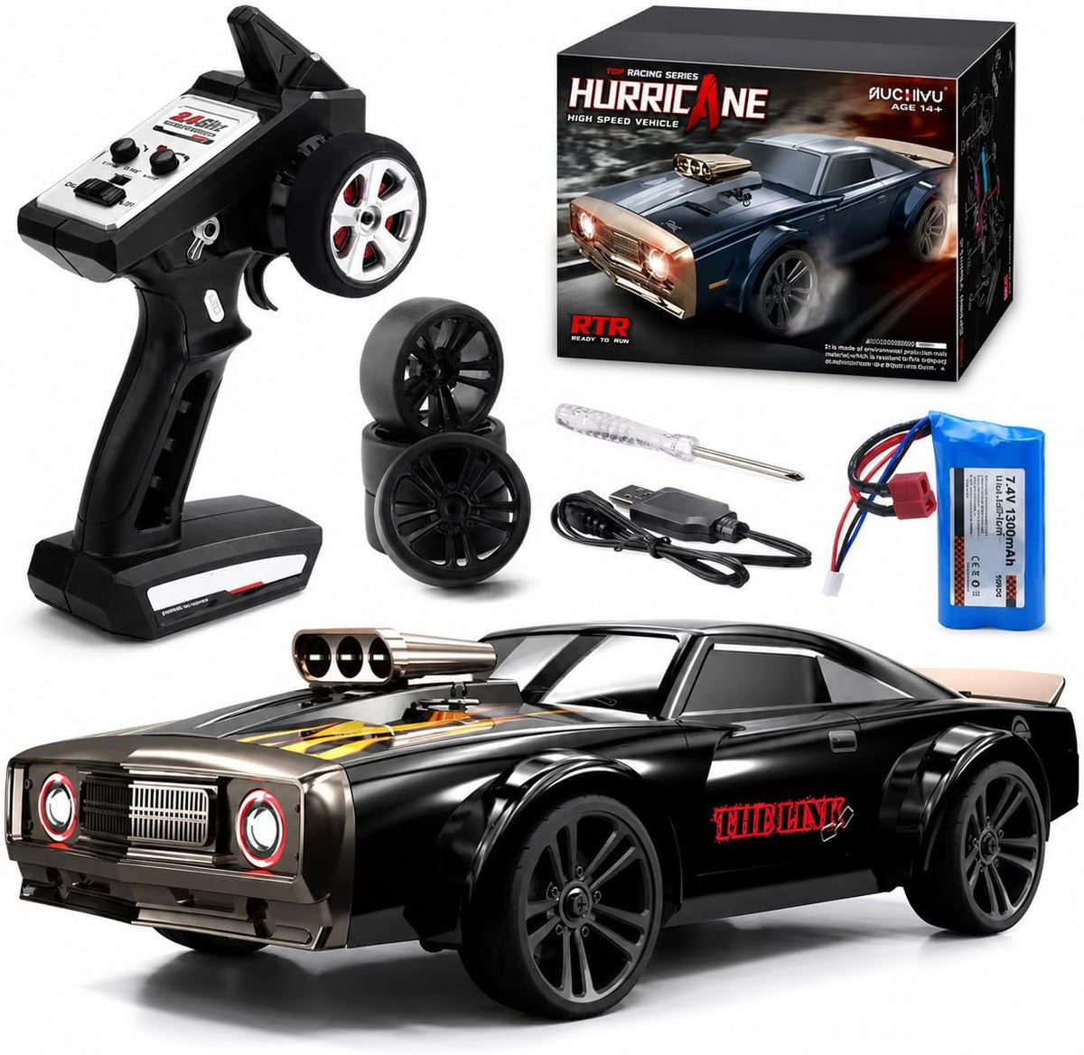 1:14 RC Drift Car for Adults & Kids 8-14, 4WD High Speed Remote Control Car with LED Lights, Drift Tires, 2.4Ghz Electric Racing Car, Rechargeable Hobby Car for Indoor & Outdoor Driving