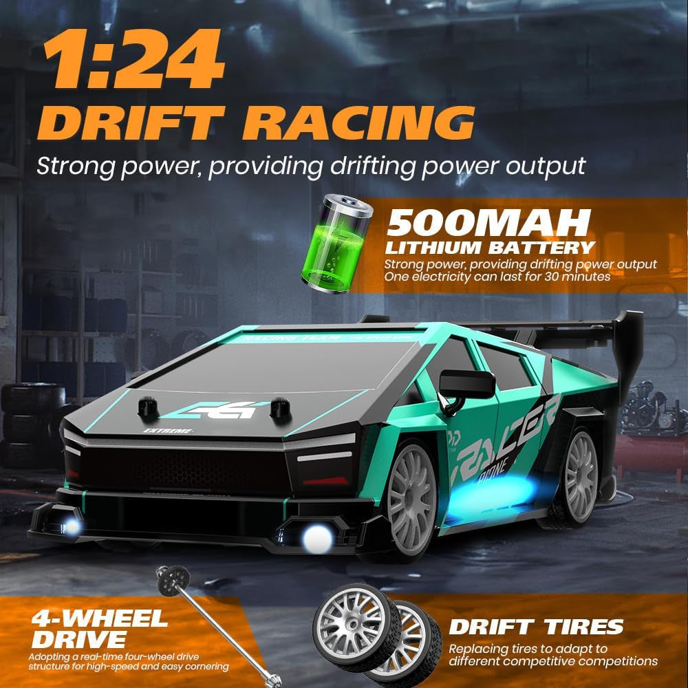 1:24 Scale RC Drift Car, 30KM/H 4WD 2.4Ghz Remote Control Cars with LED Light, Racing and 4 Drifting Wheels, High Speed RC Racing Cars Perfect Toy Gift for Teen Adults