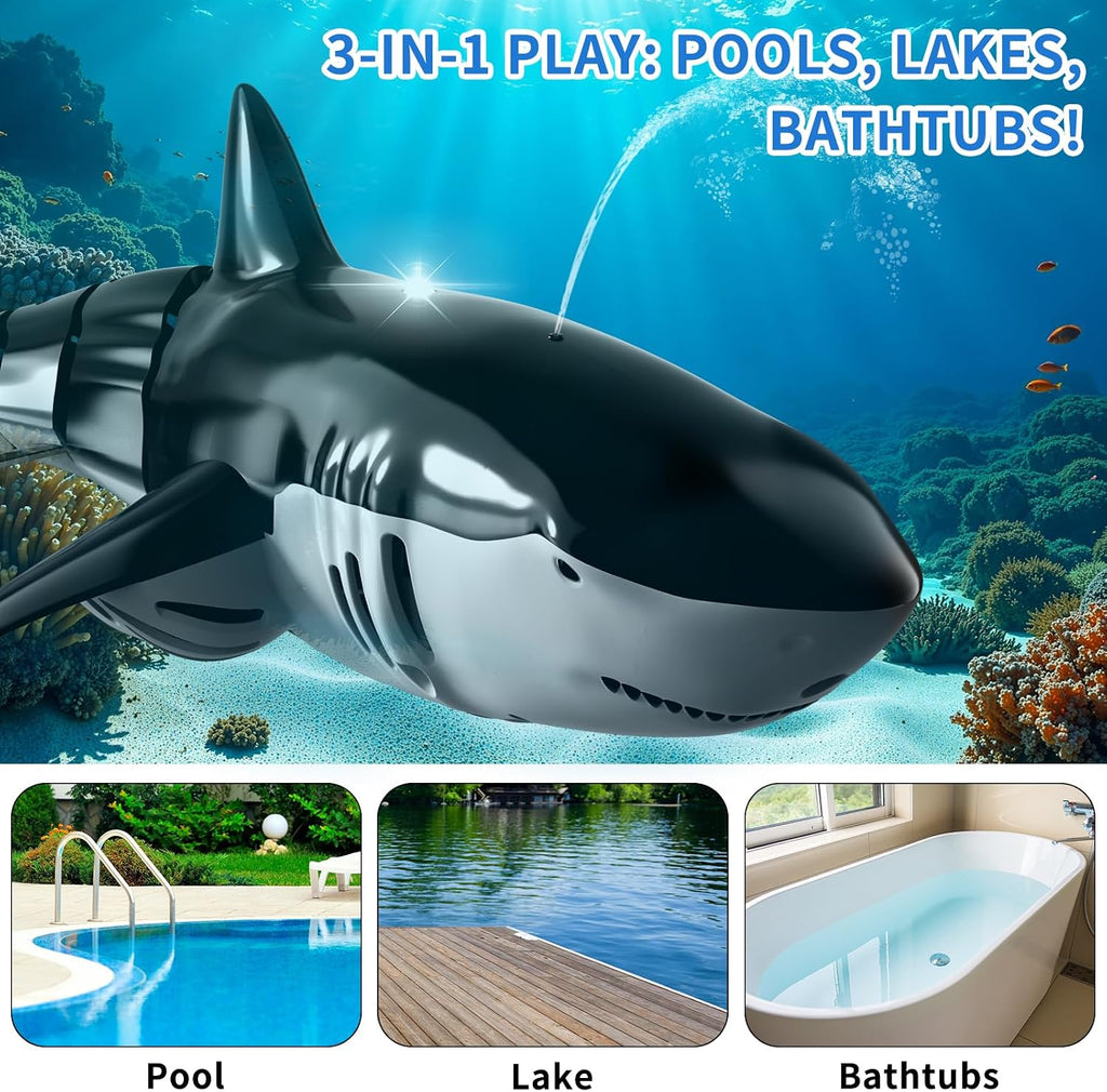2.4Ghz Remote Control Shark Toy for Pool, 1:18 Scale High Simulation RC Shark with Light & Spray Water, Electric Remote Controlled Swimming Water Pool Toys for 6 7 8 9 Year Olds Kid Boys Girls