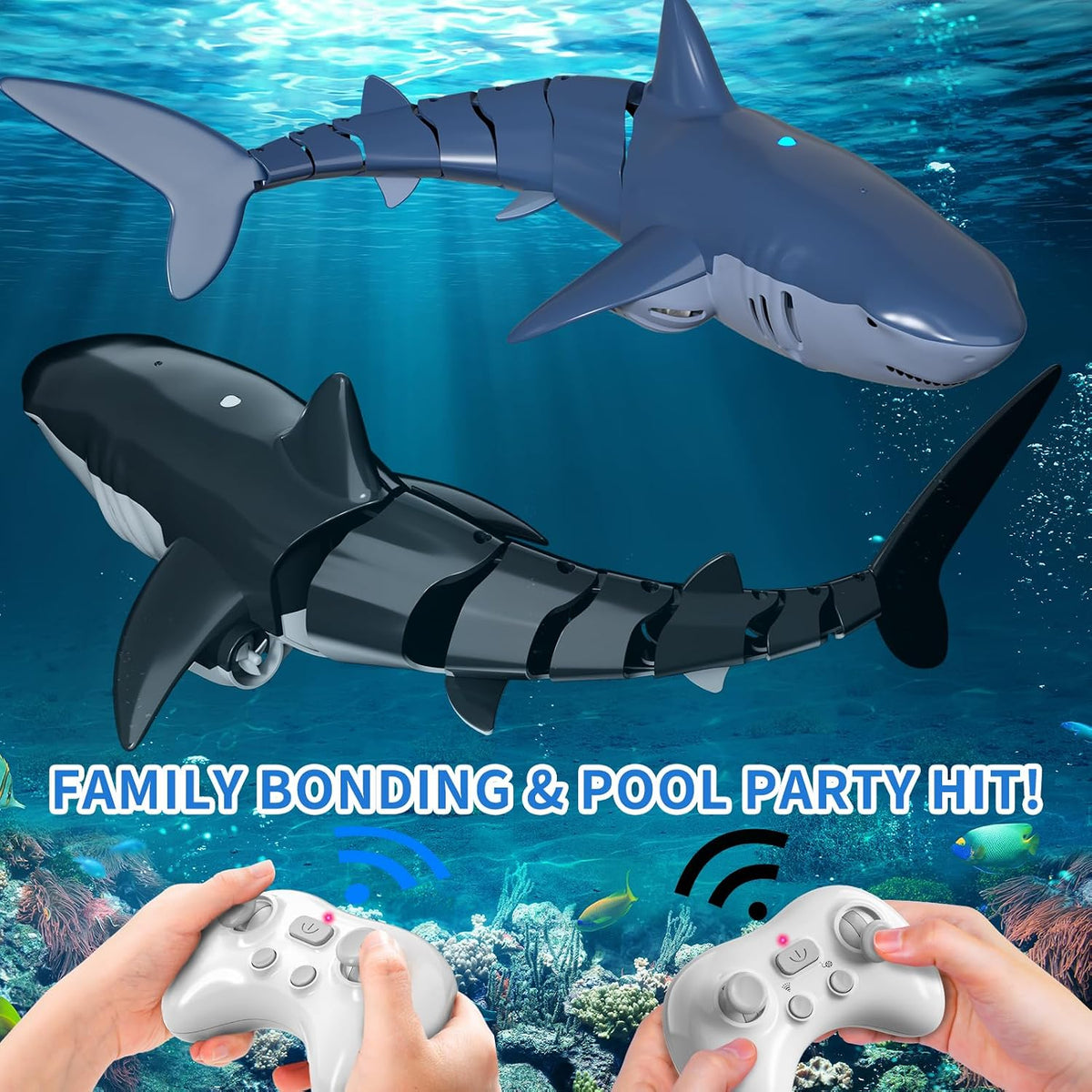 2.4Ghz Remote Control Shark Toy for Pool, 1:18 Scale High Simulation RC Shark with Light & Spray Water, Electric Remote Controlled Swimming Water Pool Toys for 6 7 8 9 Year Olds Kid Boys Girls