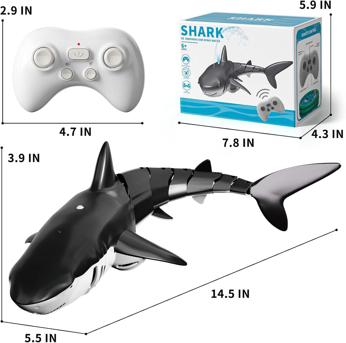 2.4Ghz Remote Control Shark Toy for Pool, 1:18 Scale High Simulation RC Shark with Light & Spray Water, Electric Remote Controlled Swimming Water Pool Toys for 6 7 8 9 Year Olds Kid Boys Girls