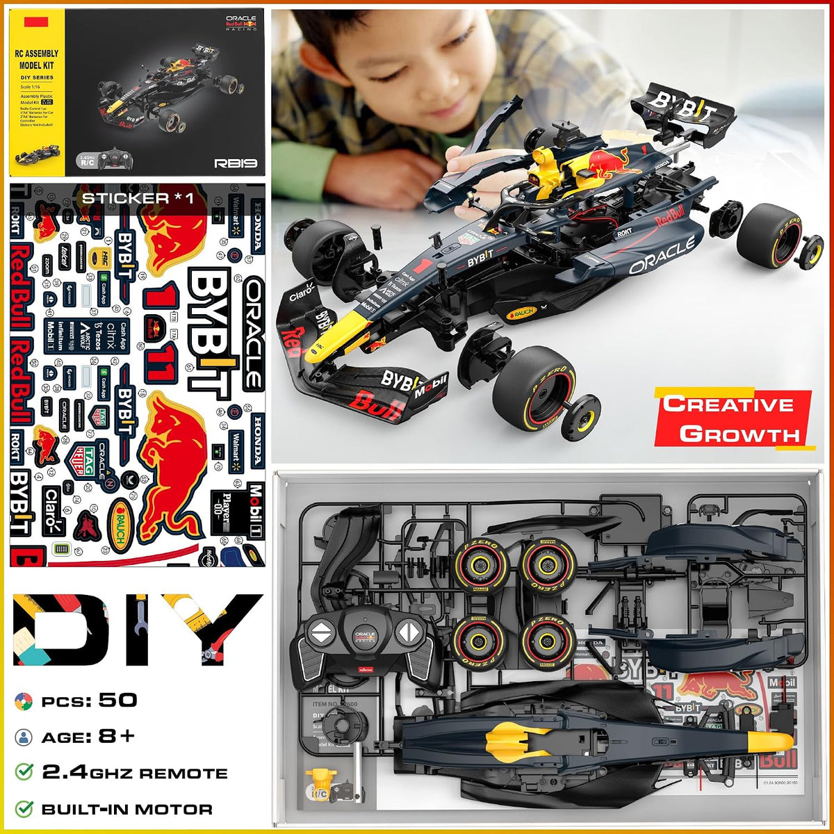 Licensed Red Bull F1 RB19 RC Car Building Kit 1/16 Scale Supercar Assembly Set with Remote Controller, Licensed Model, 55 Pieces, STEM Kits for Kids and Adults, Ages 8+ (Redbull RB19)