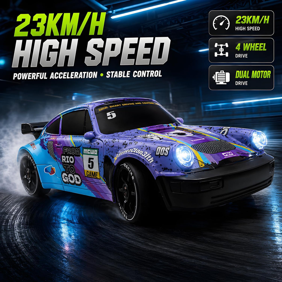 1:24 RC Drift 2.4Ghz with LED Light Race Car Toys for Boys and Girls Aged 6+ Speed Adjustable up to 23Km/H, High-Speed RC Racing Cars Toy Gift for Boys & Girls(Blue/Purple)